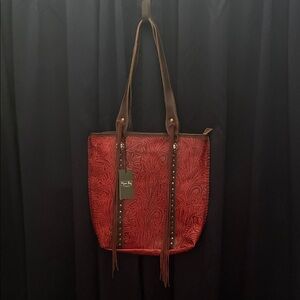 Myra Bag Red and Brown Embossed Tote